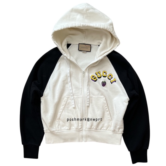 GUCCI 🍇 Hoodie Graphic Black Off White Yellow Zip Up Sweatshirt Logo S Small - Picture 5 of 15